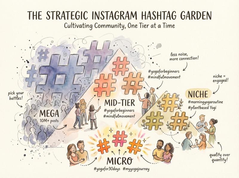 Hand-drawn illustration showing strategic hashtag usage with pyramid of hashtag sizes from mega to micro tags