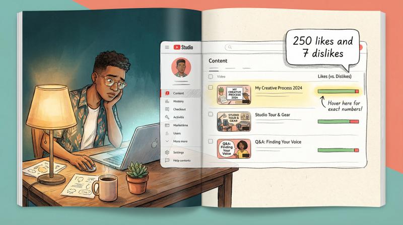 Hand-drawn illustration showing YouTube creator viewing analytics in YouTube Studio with dislike metrics highlighted