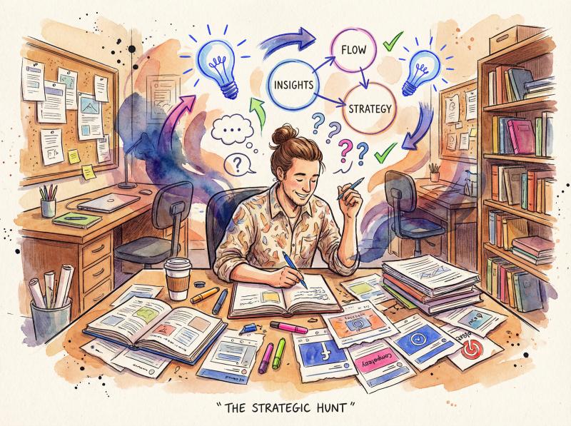 A creative marketer's workspace filled with hand-drawn sketches, ad research notes, and flowing creative energy—vibrant, artistic exploration of competitive intelligence