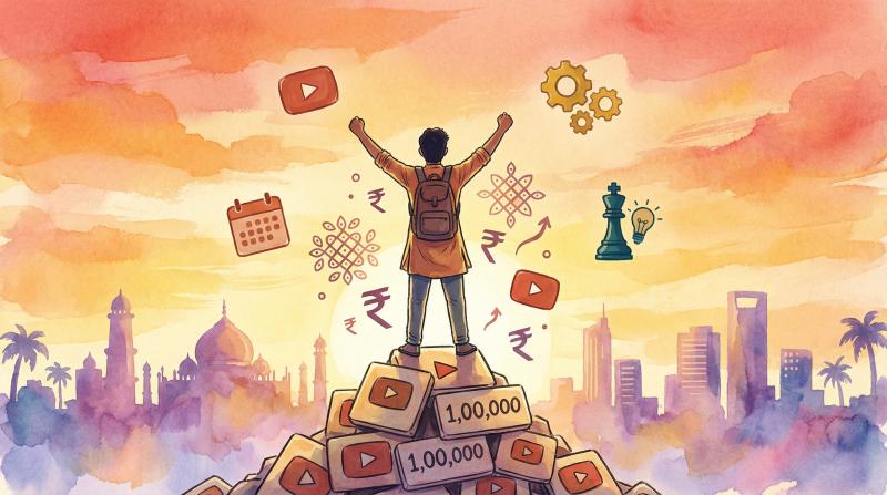 Hand-drawn illustration of triumphant Indian creator reaching their YouTube milestone with rupee symbols celebrating success