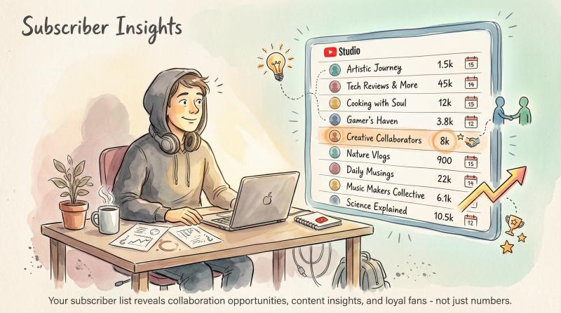 Hand-drawn illustration of a content creator discovering insights in their YouTube subscriber list with visual metaphors for collaboration and growth