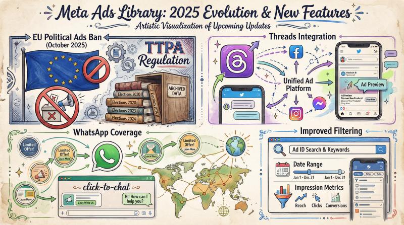 Hand-drawn infographic showing Meta Ads Library 2025 updates: EU political ads ban, Threads platform integration, WhatsApp coverage expansion, and improved filtering capabilities with vibrant colors and artistic illustrations