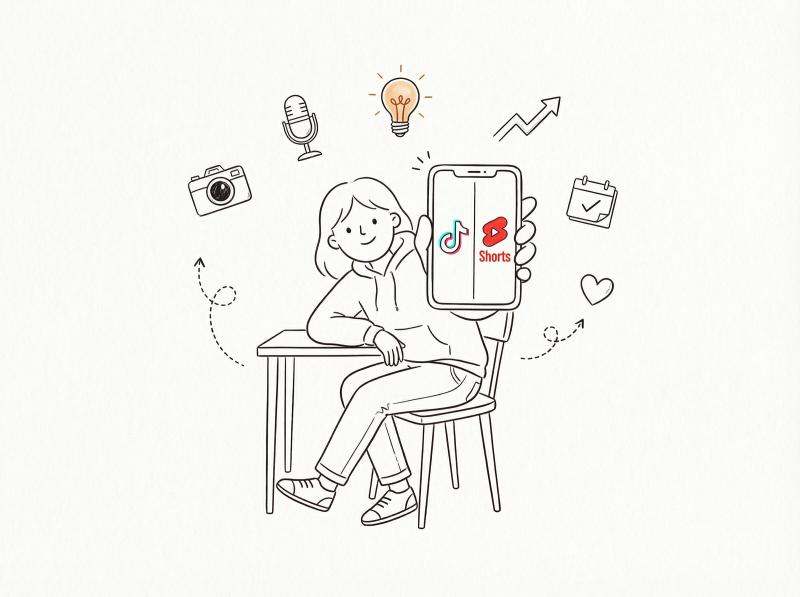 Hand-drawn sketch of creator starting their journey with smartphone, TikTok and YouTube logos, artistic Notion-style illustration