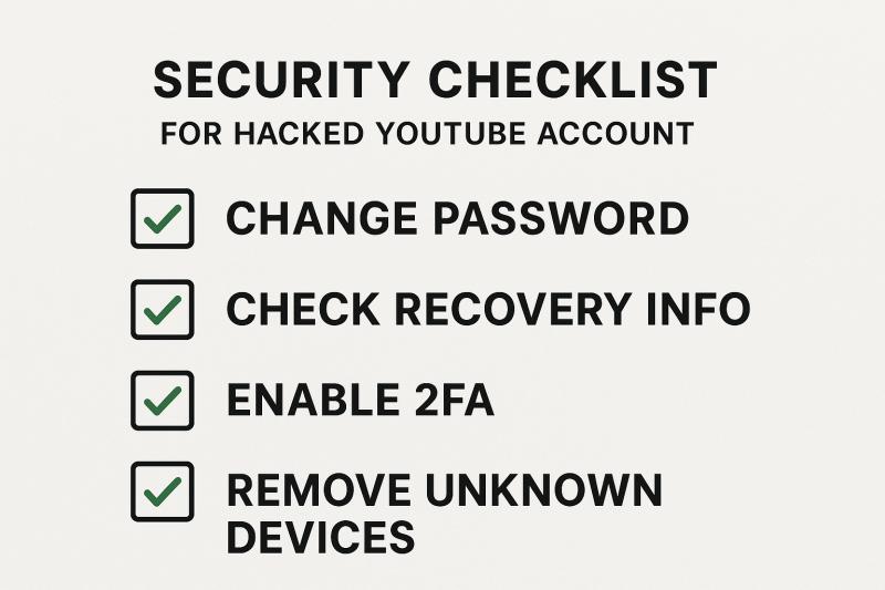 Post-hack security actions: change password, check recovery info, enable 2FA, remove unknown devices