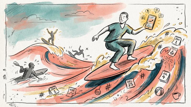 Hand-drawn illustration of creator surfing trending wave with timing markers and cultural moment symbols