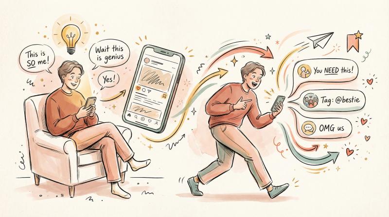 Hand-drawn illustration of person experiencing moment of recognition and sharing content with friends