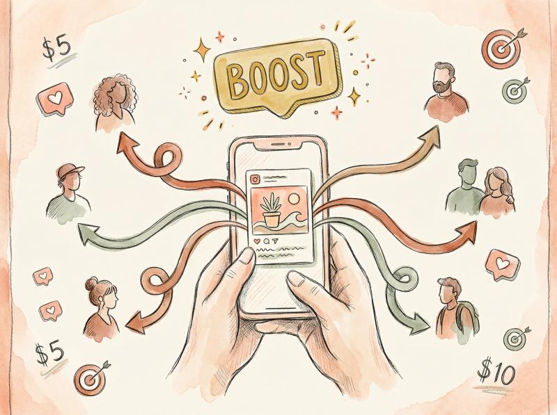 Hand-drawn illustration showing Instagram post being boosted to reach new audiences through targeted ads
