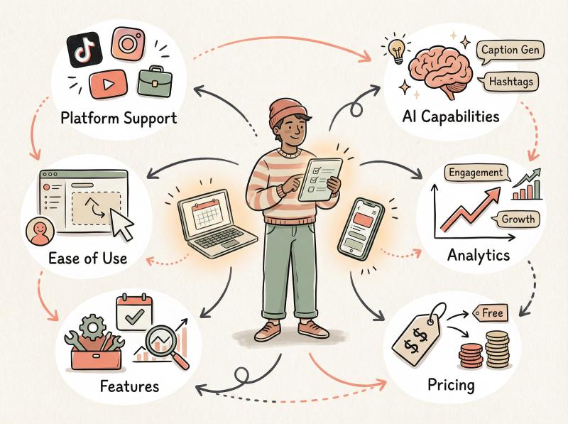 Hand-drawn illustration of creator navigating decision factors for choosing social media scheduler