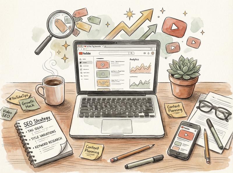 Hand-drawn editorial illustration showing YouTube creator optimizing videos with SEO tools and growth strategies