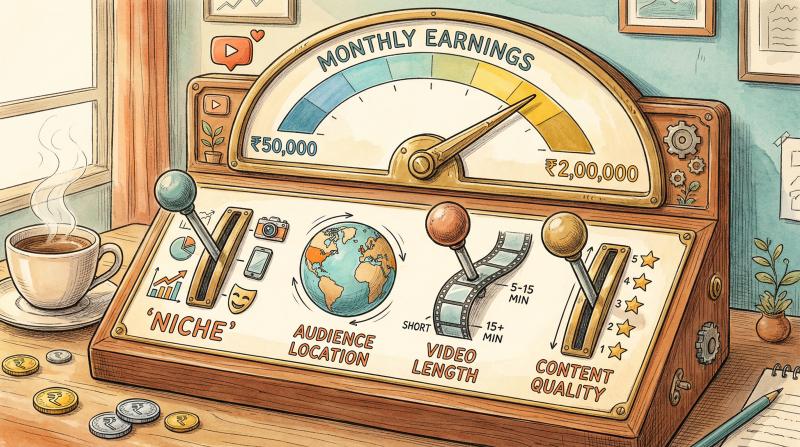 Hand-drawn illustration of four control levers for YouTube earnings: niche, audience location, video length, and content quality