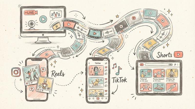 Hand-drawn illustration showing live stream content being transformed into multiple short-form video clips across platforms