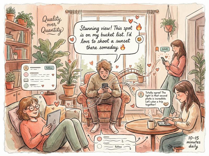 Hand-drawn illustration of creators engaging through thoughtful comments and genuine networking within their niche community