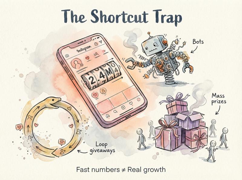 Hand-drawn illustration of Instagram growth shortcuts like bots and loop giveaways leading to a dead end