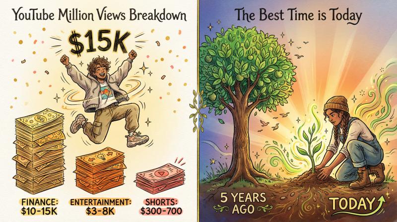 Split illustration showing YouTube million-view earnings breakdown and motivational tree metaphor for starting today