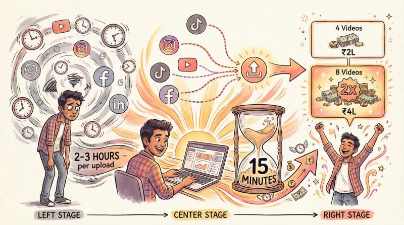 Hand-drawn illustration showing time saved transforming into doubled video output and earnings for YouTube creators