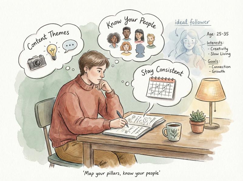 Hand-drawn illustration of a creator thoughtfully planning content pillars while imagining their ideal follower persona