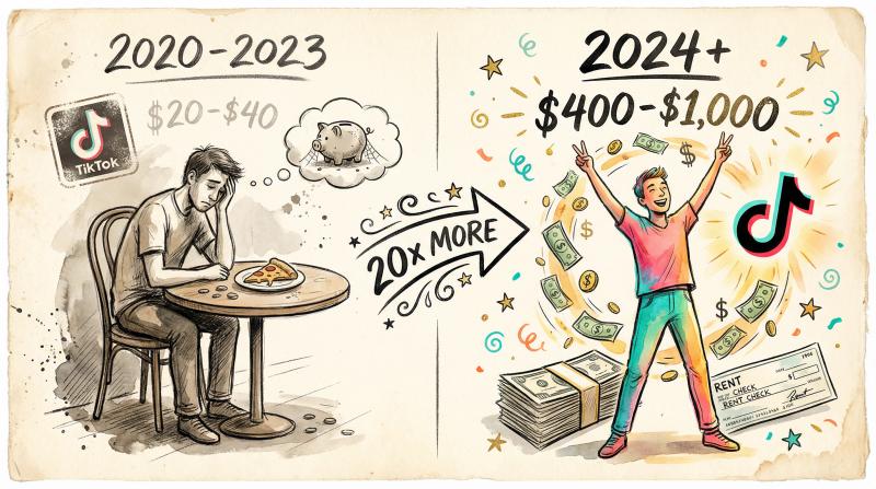 Hand-drawn editorial illustration comparing TikTok old Creator Fund earnings of $20-$40 versus new Creator Rewards paying $400-$1000 for one million views