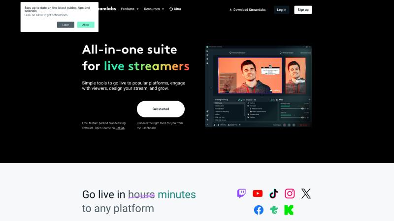 Streamlabs homepage showing the free streaming software with alerts, overlays, and multi-platform support