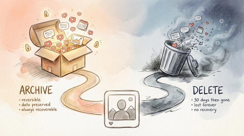 Hand-drawn illustration showing the choice between archiving and deleting Instagram posts with two diverging paths