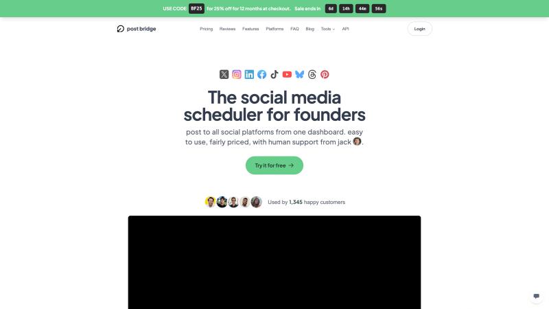 Post Bridge homepage showing multi-platform social media scheduling dashboard for YouTube and 8 other platforms
