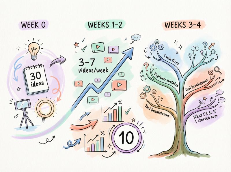 Hand-drawn timeline showing 4-week beginner content creator roadmap with key milestones and actions