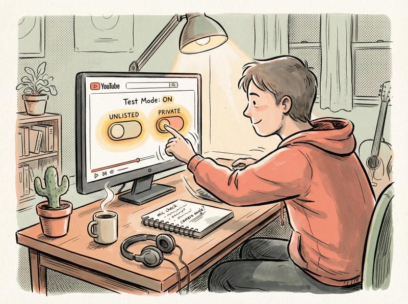 Hand-drawn illustration showing a creator safely testing their live stream setup in a cozy bedroom studio with unlisted/private stream indicators