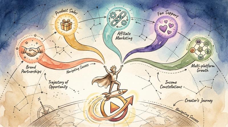 Hand-drawn illustration of a creator launching from TikTok into a constellation of five income streams including brand deals, products, and multi-platform growth