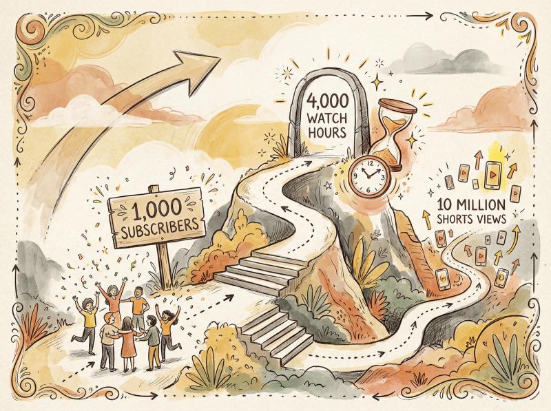 Hand-drawn illustration showing YouTube Partner Program milestone requirements with warm artistic style