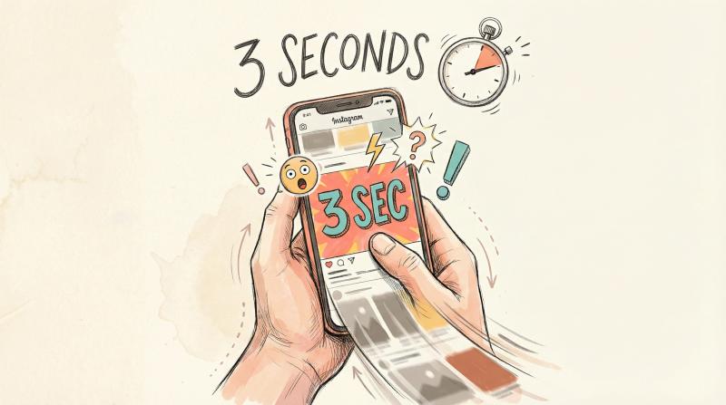 Hand-drawn illustration showing a person's thumb pausing mid-scroll as one post captures attention among blurred content