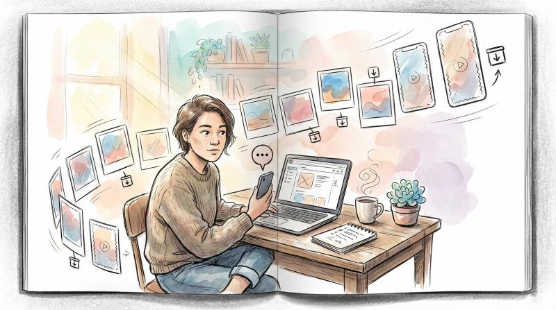Hand-drawn editorial illustration showing person managing Instagram archive at desk with laptop and phone