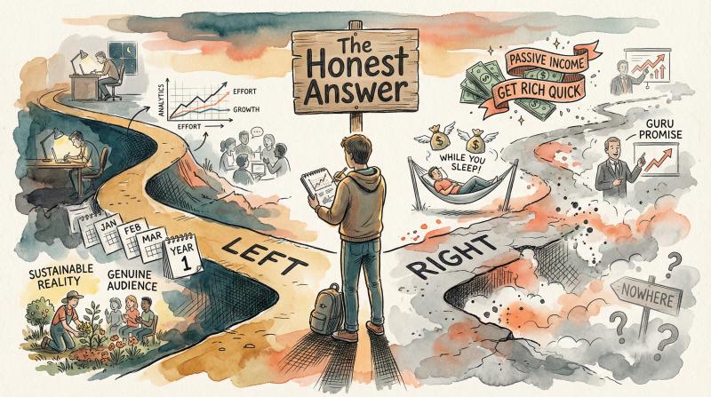 Hand-drawn editorial illustration of a creator at a crossroads, choosing between realistic hard work path and empty quick-money promises