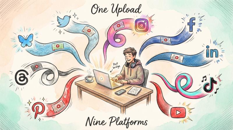 Artistic hand-drawn illustration showing a YouTube creator sharing content across nine social media platforms simultaneously