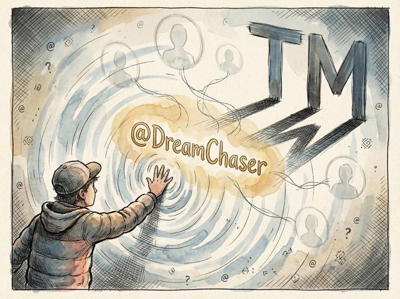 Hand-drawn illustration of a person reaching toward an available username blocked by invisible barriers with ghost accounts and trademark symbols lurking behind