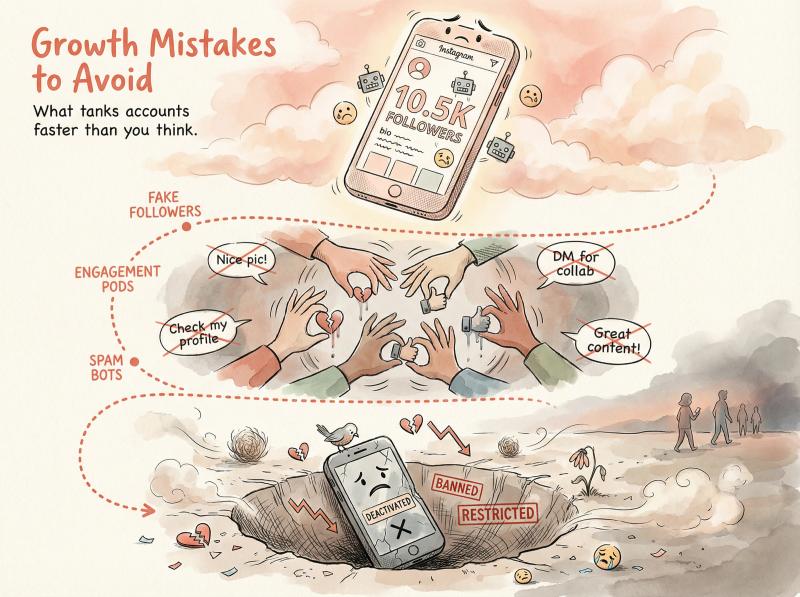 Hand-drawn illustration showing Instagram growth pitfalls: fake follower bots, engagement pods, and spam tactics tanking an account