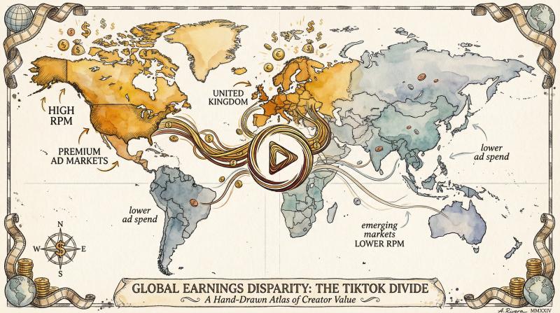 Hand-drawn world map illustration showing geographic value disparity in TikTok creator earnings with highlighted premium regions