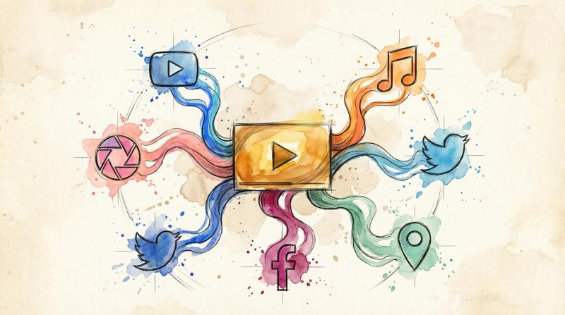 Hand-drawn watercolor illustration showing one video spreading across TikTok, YouTube, Instagram, and Facebook platforms