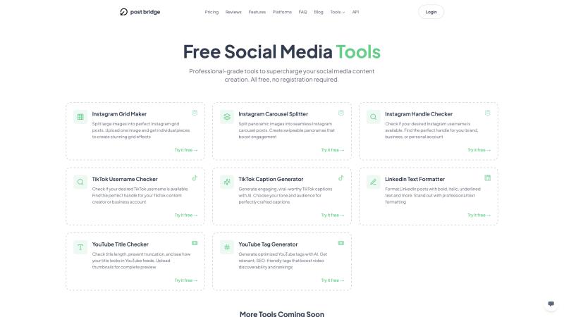 Post bridge Free Social Media Tools page showing eight free tools including Instagram Grid Maker, Instagram Carousel Splitter, Instagram Handle Checker, and more