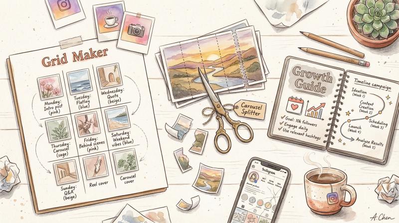 Hand-drawn illustration of a creator's workspace with Instagram planning tools including grid layouts and carousel splitters