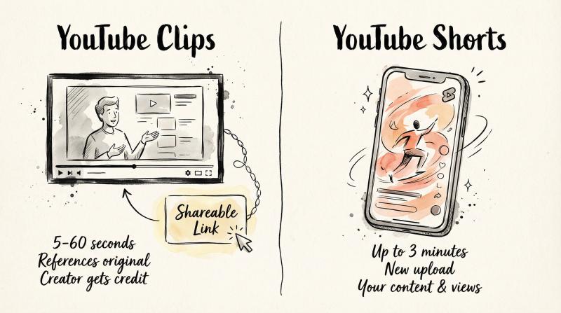 Hand-drawn artistic split illustration comparing YouTube Clips and Shorts features side by side