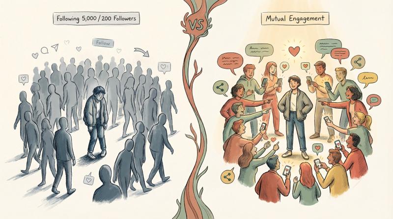 Hand-drawn split illustration comparing shallow follower numbers versus meaningful Instagram connections