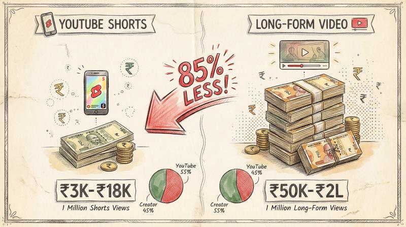 Hand-drawn illustration comparing YouTube Shorts tiny earnings stack versus towering long-form video revenue pile