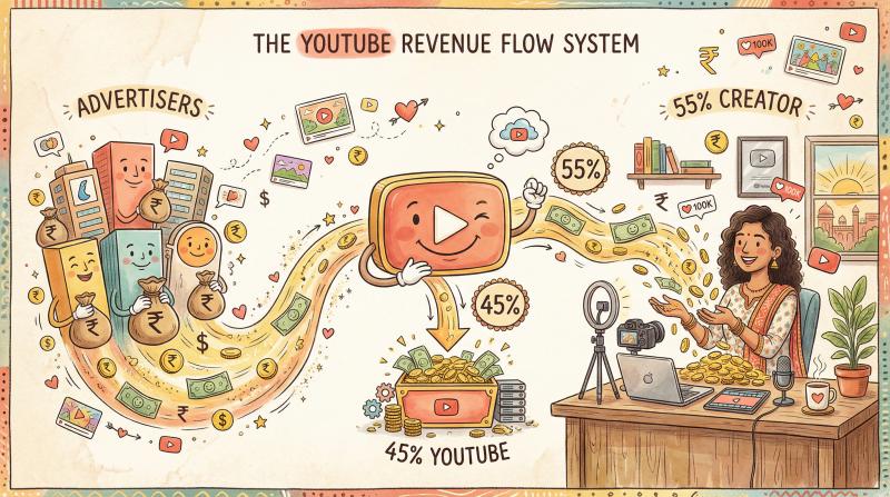 Hand-drawn illustration showing YouTube ad revenue flow from advertisers to creators with 55-45 percent split