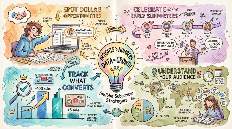 Hand-drawn illustration showing strategic uses of YouTube subscriber data with four vibrant vignettes