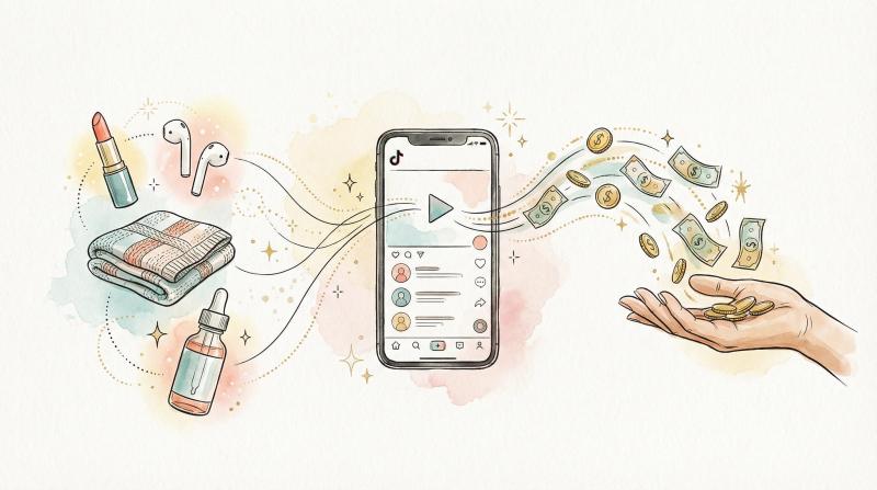 Hand-drawn illustration of products flowing through TikTok into coins and commission earnings