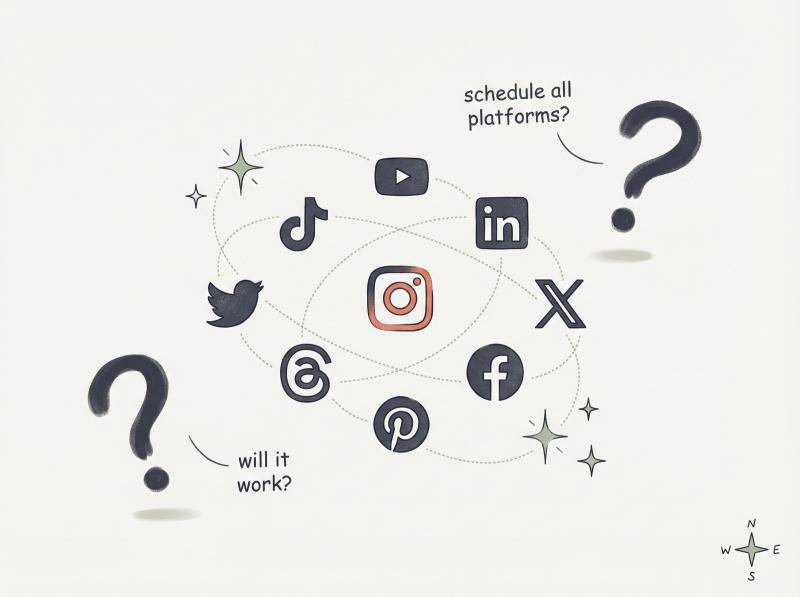 Hand-drawn FAQ constellation with question marks floating around interconnected platform icons