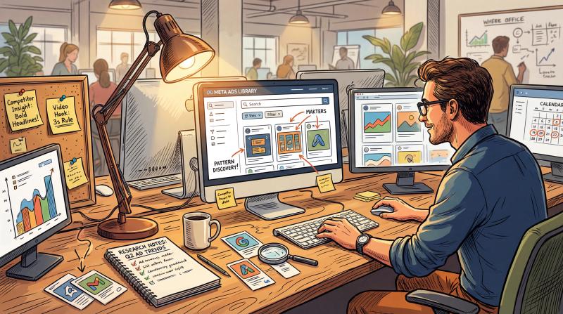 Hand-drawn illustration of a marketer analyzing competitive ads with sophisticated research techniques, discovering patterns across the Meta Ads Library