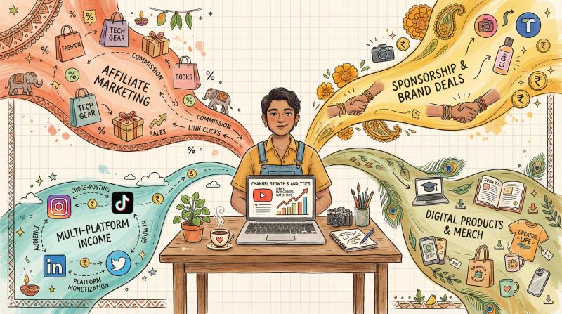 Hand-drawn illustration showing Indian YouTuber with multiple income streams flowing in from sponsorships, affiliates, and products