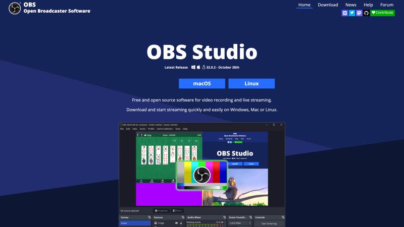 OBS Project homepage showing the free, open-source streaming software download options for Windows, macOS, and Linux