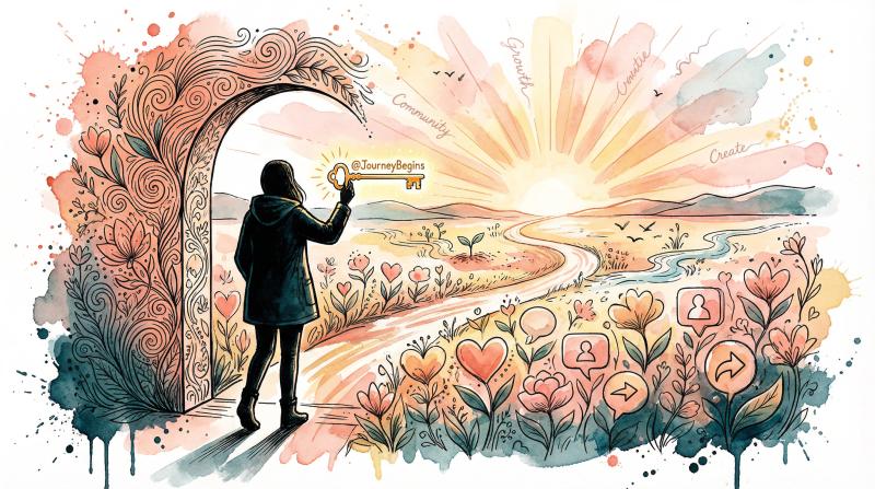 Hand-drawn illustration of a person stepping through a doorway into a flourishing world of social media growth and engagement
