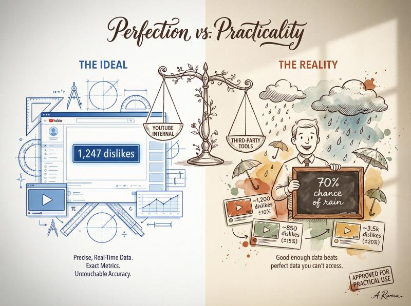 Hand-drawn editorial illustration contrasting ideal perfect data with realistic estimation